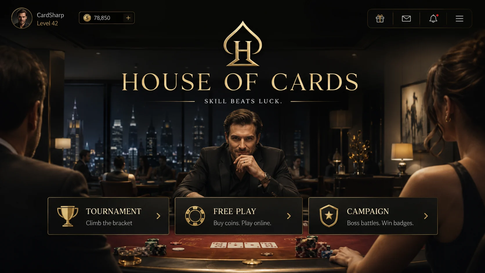 House of Cards development concept showing tournament, free play and campaign modes
