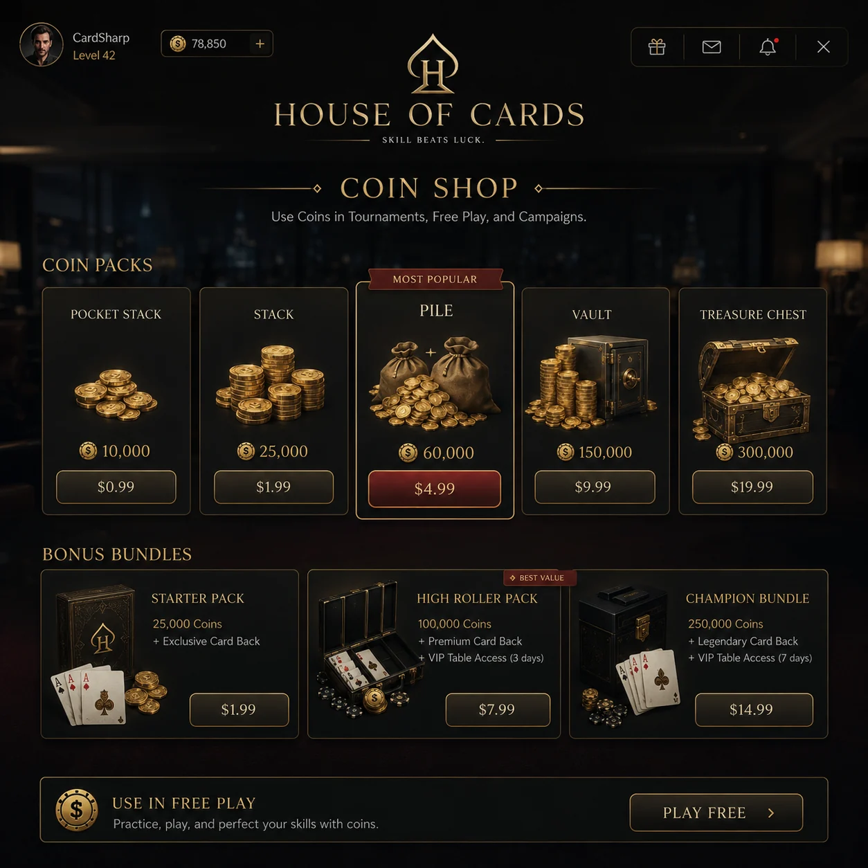 House of Cards virtual coin shop concept