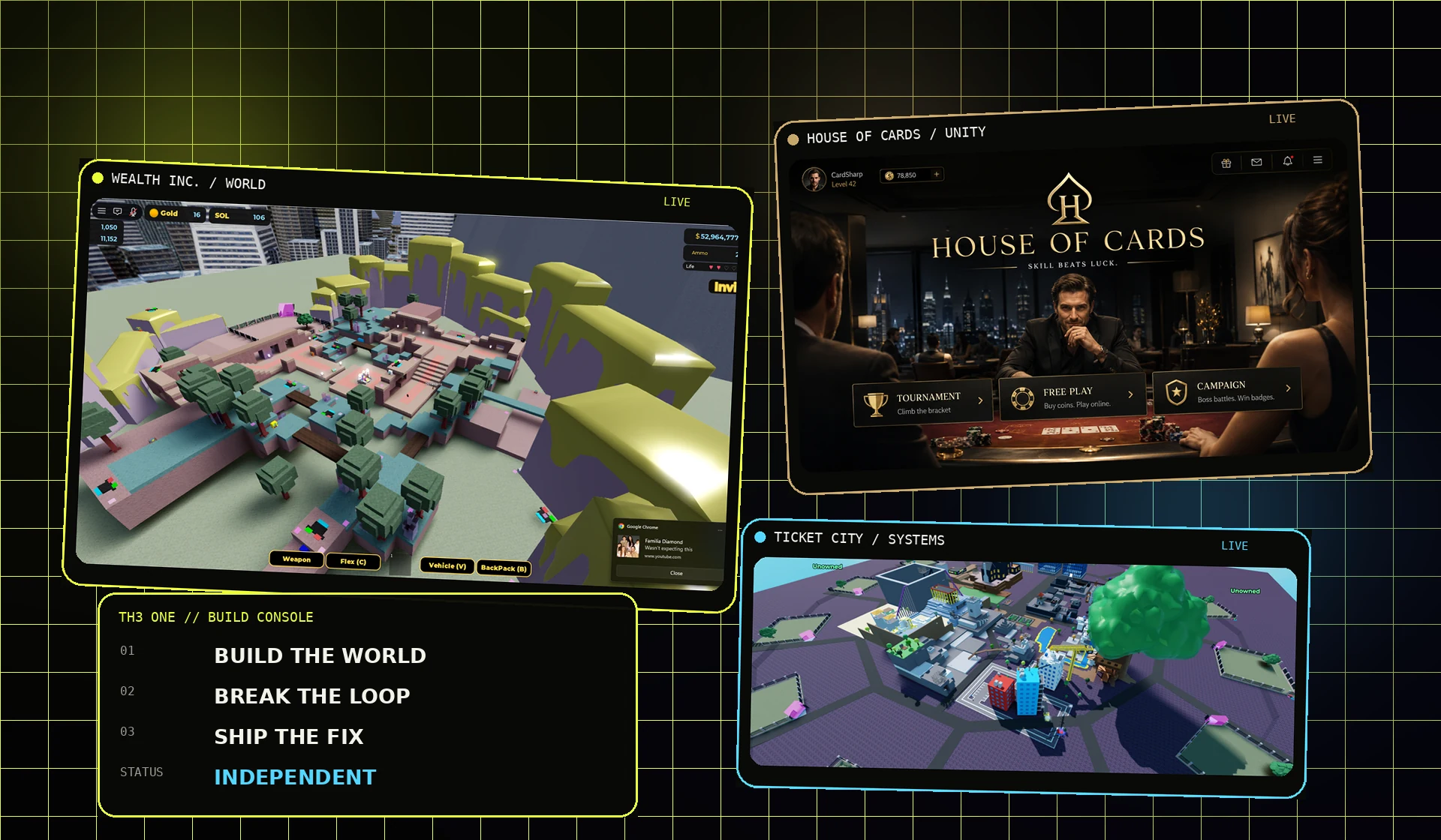 Editorial studio graphic combining Wealth Inc., House of Cards and Ticket City project screens