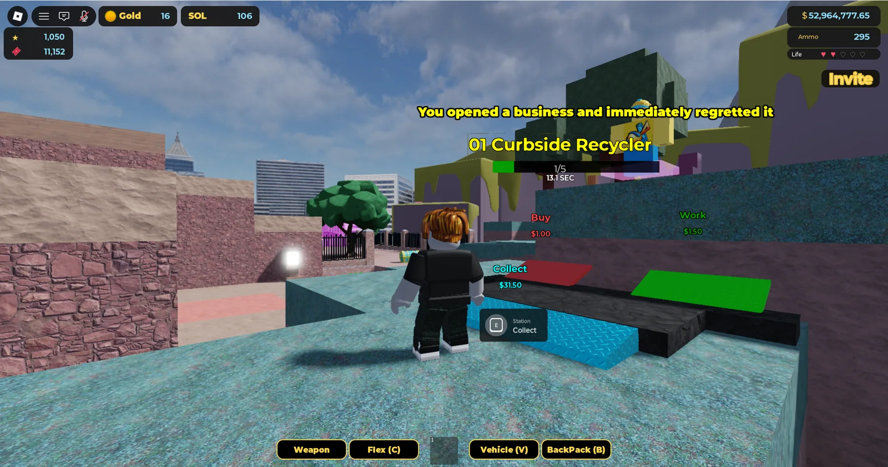 Player collecting money from the Curbside Recycler station in Wealth Inc.