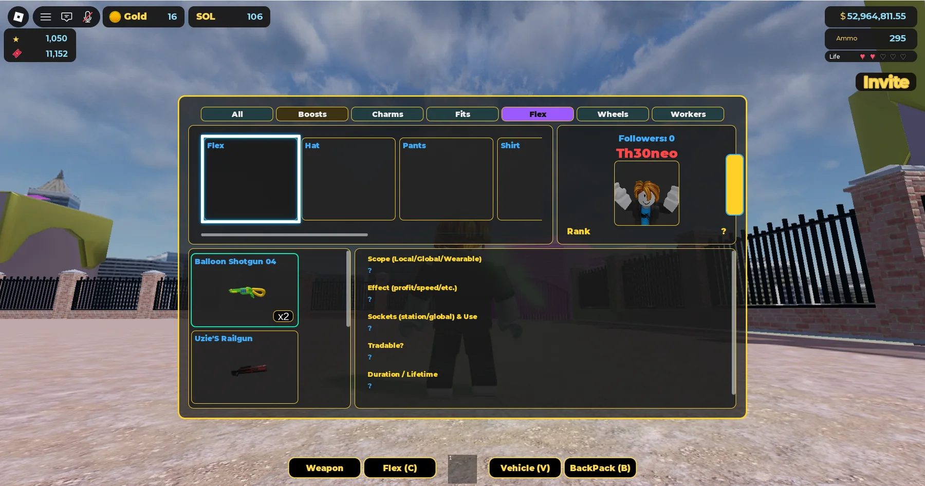 Flex inventory showing weapons and cosmetic categories in Wealth Inc.