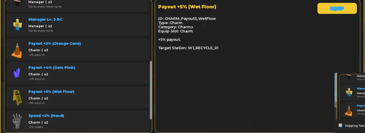 Manager and charm modifiers in the Wealth Inc. station interface