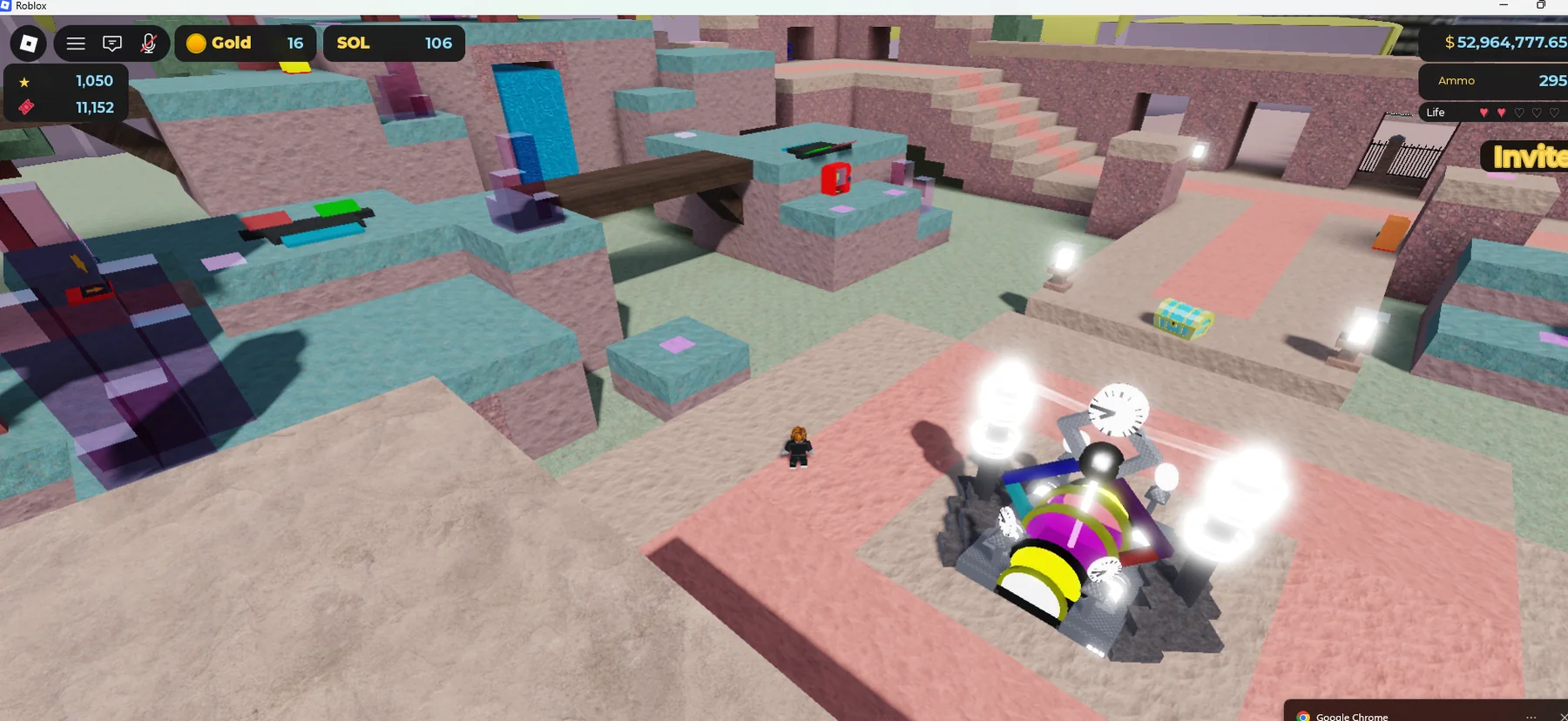 Player driving a vehicle through a Wealth Inc. plot